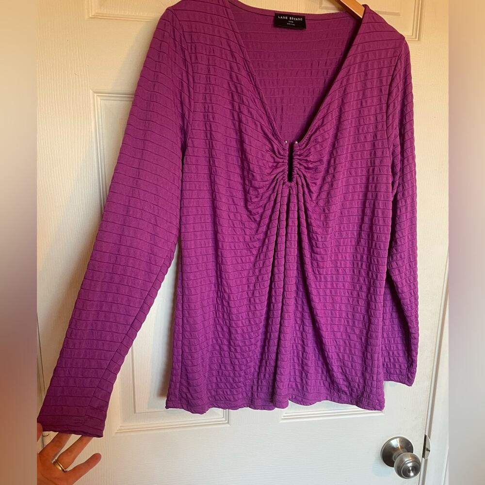 Lane Bryant Purple Ribbed Long Sleeve V Neck Textured Boho Blouse Size 14/16